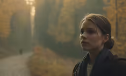woman with her face slightly obscured by trees on a road