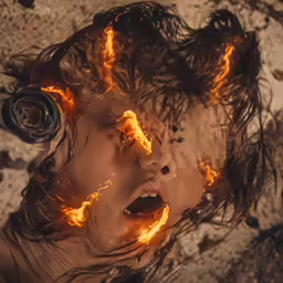 a young child with flames on their face and head