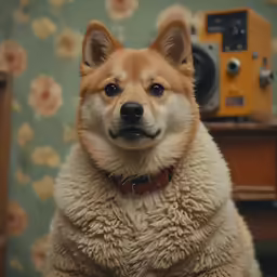 a dog wearing a collar standing on a rug