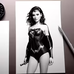 a woman in wonder costume next to some paper