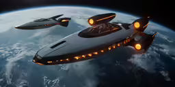 three space ships in the sky, floating in space
