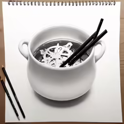 two pencils and a paper with the image of a soup bowl