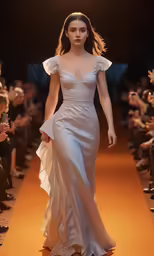 the front view of a wedding dress on a runway
