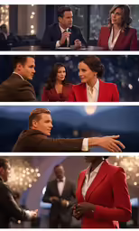three pictures of a man talking to another man and a woman