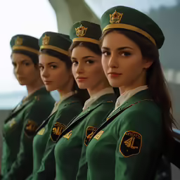 woman in uniform lined up with their heads turned to the side