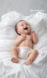 a smiling baby wearing a diaper laying on a bed