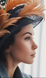a woman with feather in a hat on top of her head