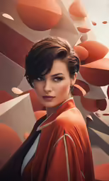 a woman is posing against a background with some abstract shapes