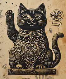 a woodcut image of a cat sitting,a black cat has intricate designs on its chest