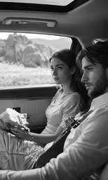 a man sitting next to a woman in a car