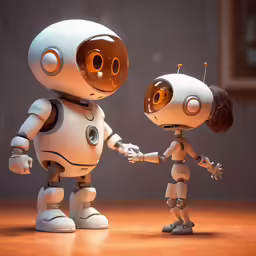 two robot holding hands while one holds his hand