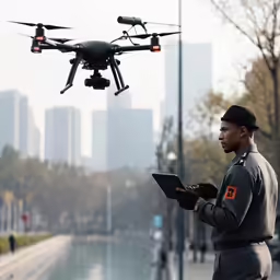 a man stands in front of a large pond, holding a tablet