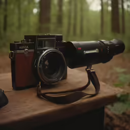the camera is set up on the table by the trees