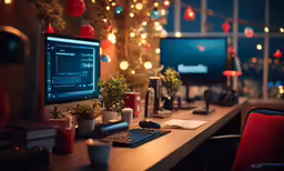 the computer desk has many cups and a phone