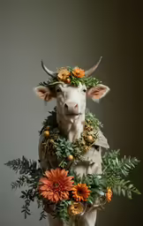 a steer wearing flowers is holding up a bouquet