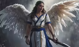 a woman with an angel halo and two sword