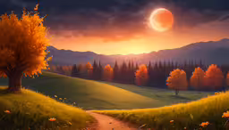 painting of a pathway in a beautiful landscape with yellow trees,a painting of a landscape with a sunset and a sun setting