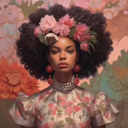 a painting of an african woman with a headdress and flowers on her head,a portrait of a woman with flowers in her hair