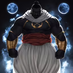 a black man dressed as he is standing under a moon
