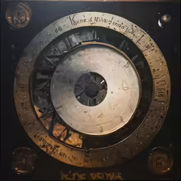 there is a clock dial in a metal frame