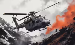 a large helicopter flying over a mountain side