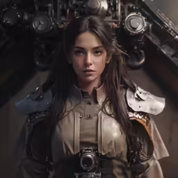 a woman dressed in a cosplay holds a camera and a futuristic machine