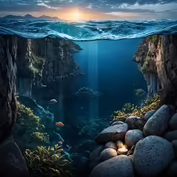 the light at the bottom of the ocean in between some rocks