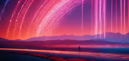 a purple and orange star filled sky with white and red lines,a person is standing on the road looking at fireworks