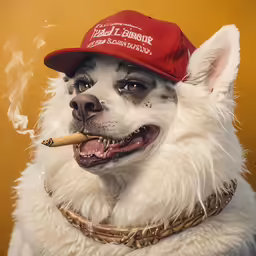 a white dog wearing a red baseball hat smoking a cigarette