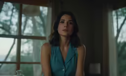 woman looking out window, wearing blue dress