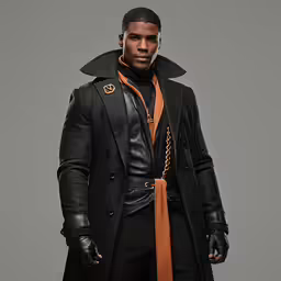 a man in black and orange clothes and a hat