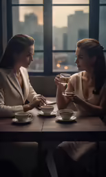 two beautiful women sitting at a table sharing a glass of wine