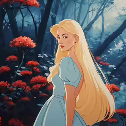 the disney princess in a beautiful blue dress with red flowers