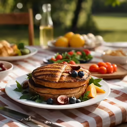 a table topped with plates filled with food and fruits