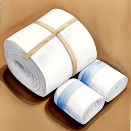 a bunch of blankets wrapped up in brown paper,the painting shows rolled up yoga mats on a flat surface