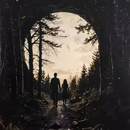 a man and woman are walking into a dark forest