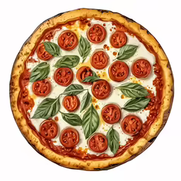 a large pizza topped with tomatoes and green leaves