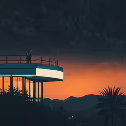 a man is standing at the top of a building under night sky