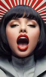 a woman has her mouth open in front of a japanese flag