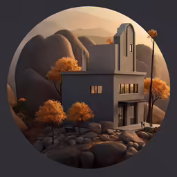 a home with yellow trees and mountains behind it