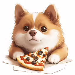a little pomeranian holding a slice of pizza