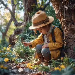 a young boy sitting on the ground next to trees