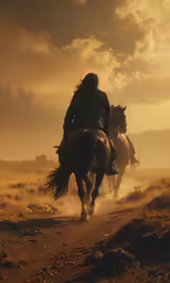 two people on horseback riding along a trail