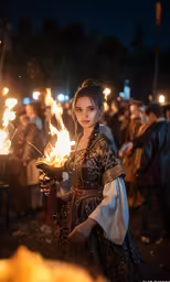 a woman is holding a fire with other people in the background