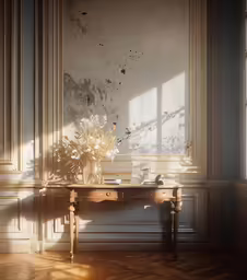 a desk with a flower vase and a cell phone is sitting on it