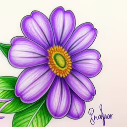 this is a picture of a drawing of a flower,a purple flower with green leaves on top