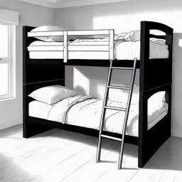 two bunk beds with the top of them in a room