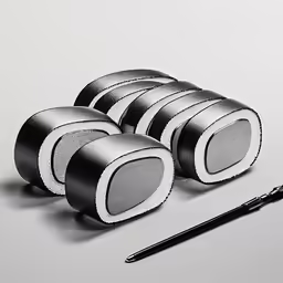four speakers, a pen and a pencil on a white surface