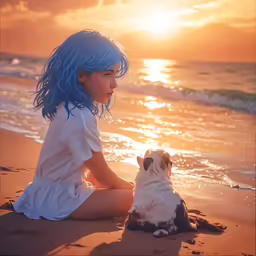 a small child sits on the sand next to a dog