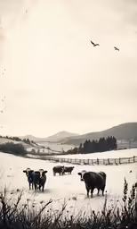 a group of cows standing on top of a snow covered field